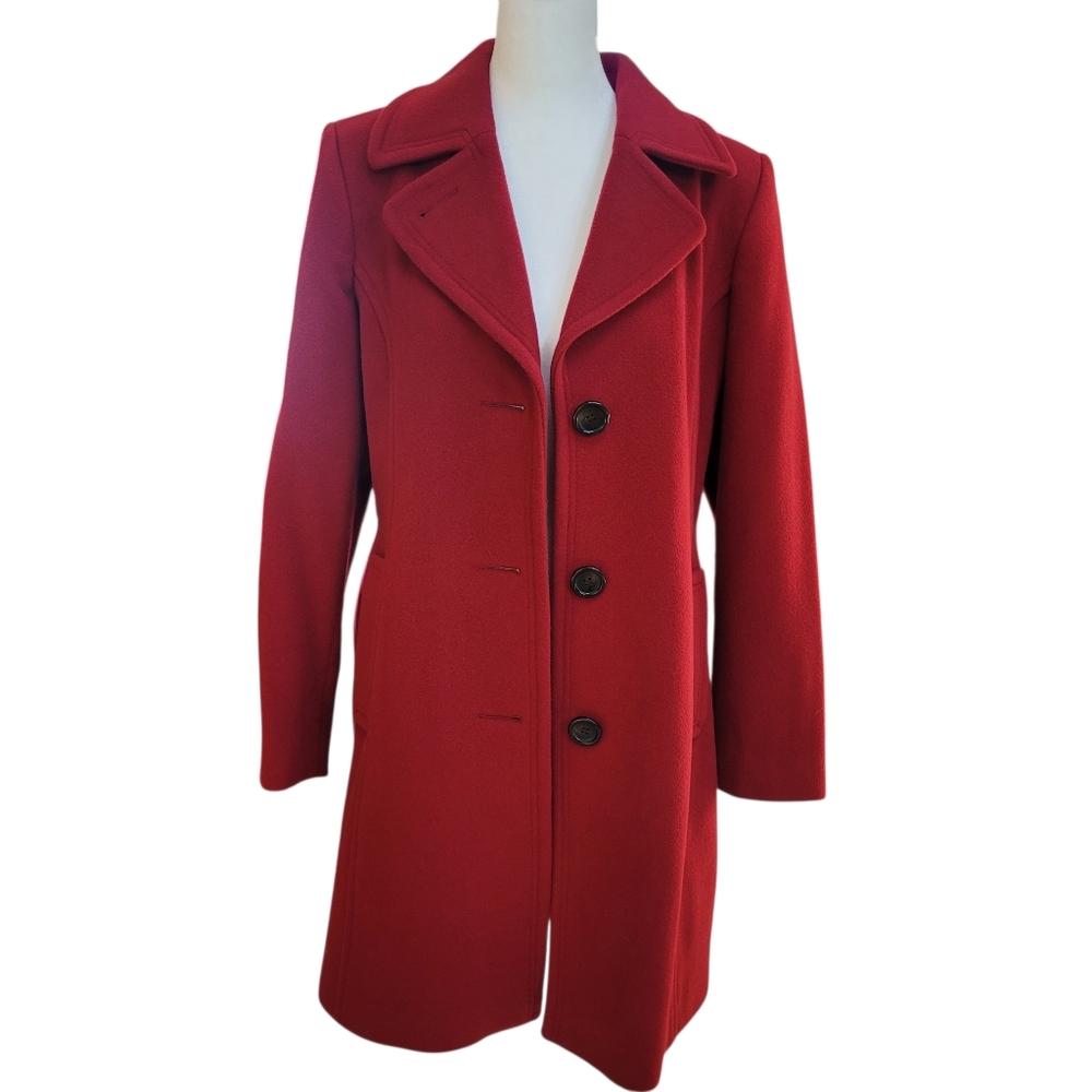 Chic Anne Klein 80% Lambswool 20% Cashmere Red Pea Coat Petite 10 P Red Like New